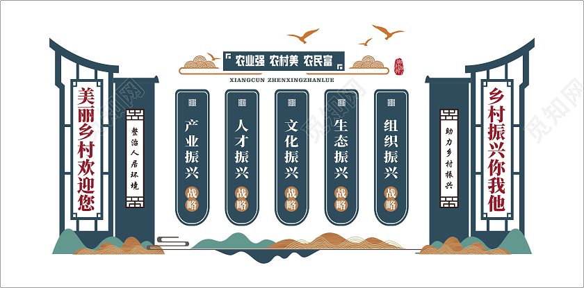 蓝绿色简约大气乡村振兴美丽乡村建设文化墙美丽乡村文化墙