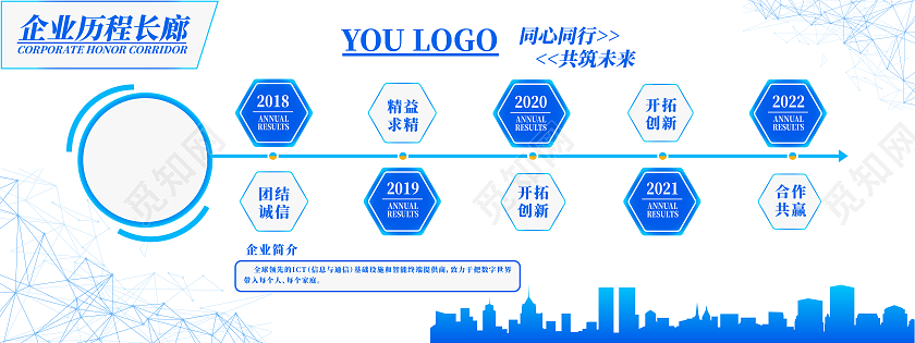 蓝色渐变简约风企业发展历程长廊文化墙设计历程文化墙