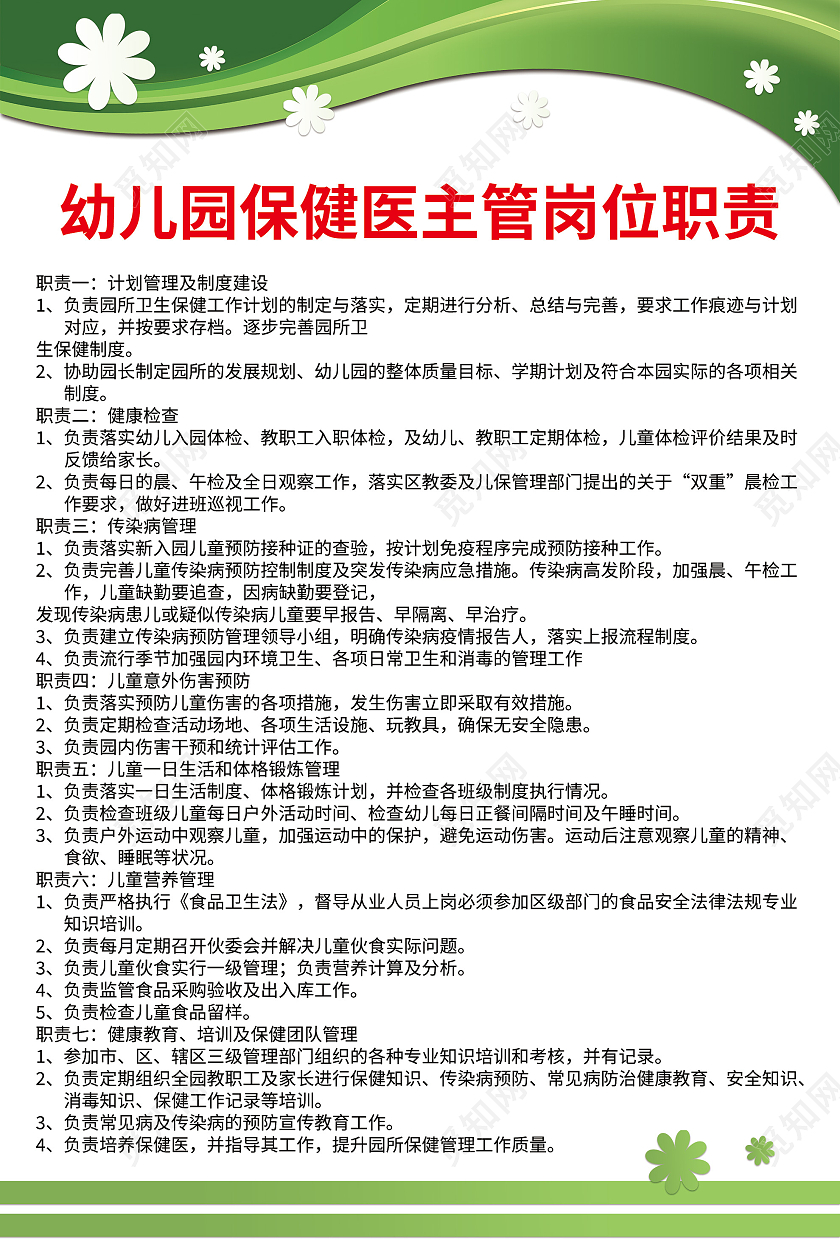 绿色简约幼儿园保健医主管岗位职责海报幼儿园保健海报