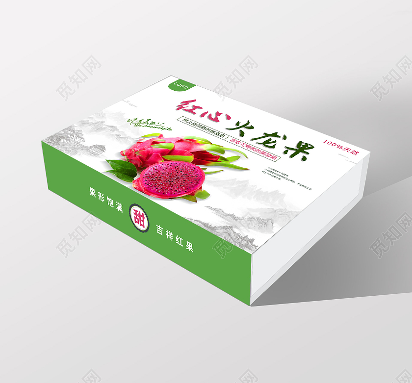 绿色中国风水墨火龙果水果包装新鲜红心火龙果包装火龙果礼盒