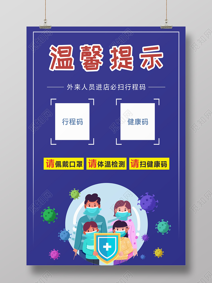 蓝色疫情病毒全家福温馨提示二维码疫情防控二维码行程码海报