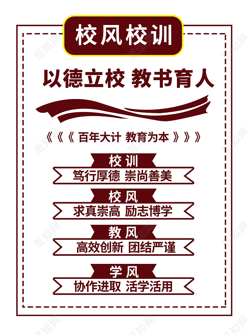 咖色简约风校风校训以德立校教书育人海报校风校训文化墙