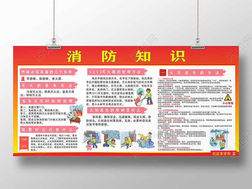 红色黄色卡通消防知识消防自救展板