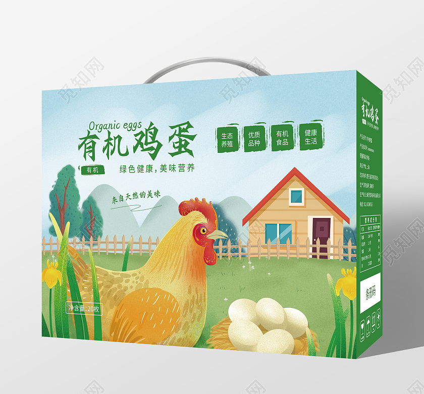 绿色插画风有机鸡蛋鸡蛋手提盒包装鸡蛋包装