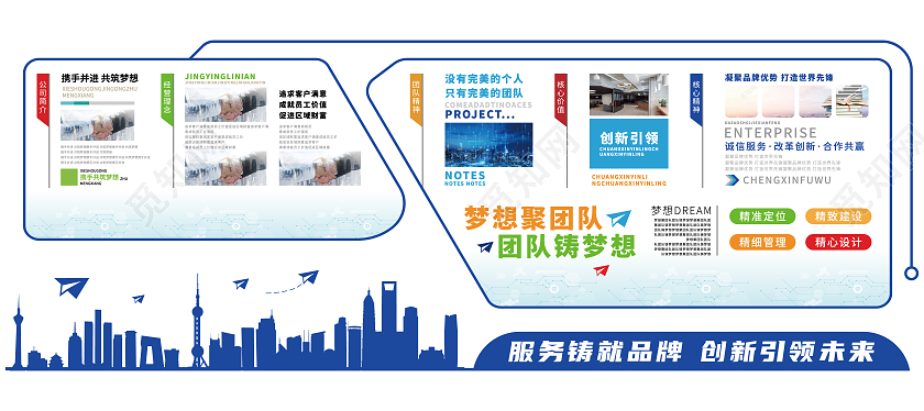 蓝色两块科技公司简介理念梦想宣传文化墙科技公司文化墙