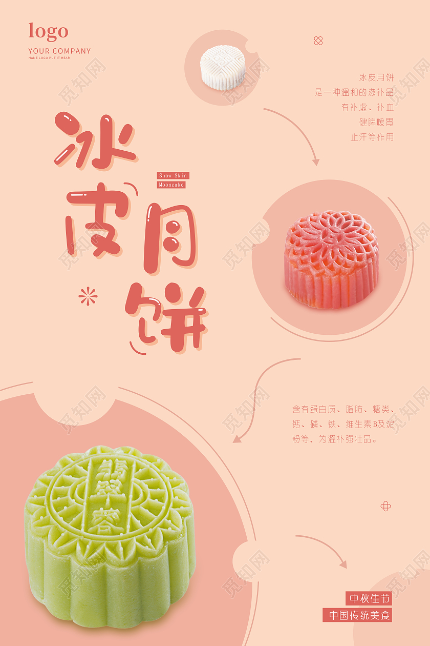 粉色可爱简约冰皮月饼月饼宣传海报