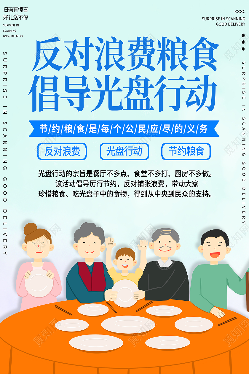 蓝色卡通反对浪费粮食倡导光盘行动浪费粮食海报