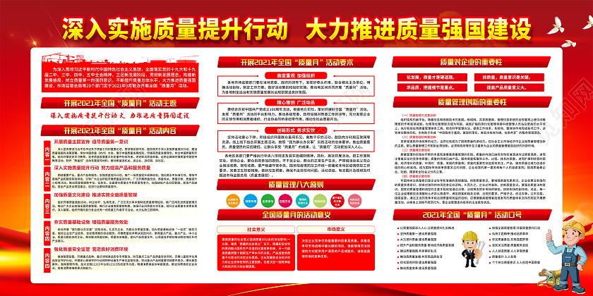 红黄党建风格2021质量月宣传栏全国质量月宣传栏