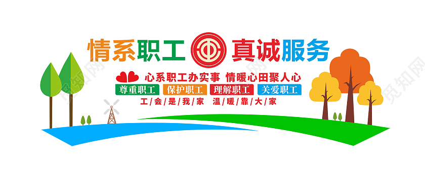 炫彩简约卡通情系职工真诚服务文化墙工会文化墙