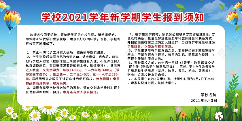 绿色背景创意活泼学校开学入学须知宣传展板设计