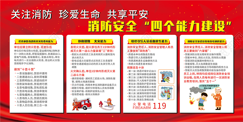 关注消防展板珍爱生命展板共享平安展板消防安全四个能力建设