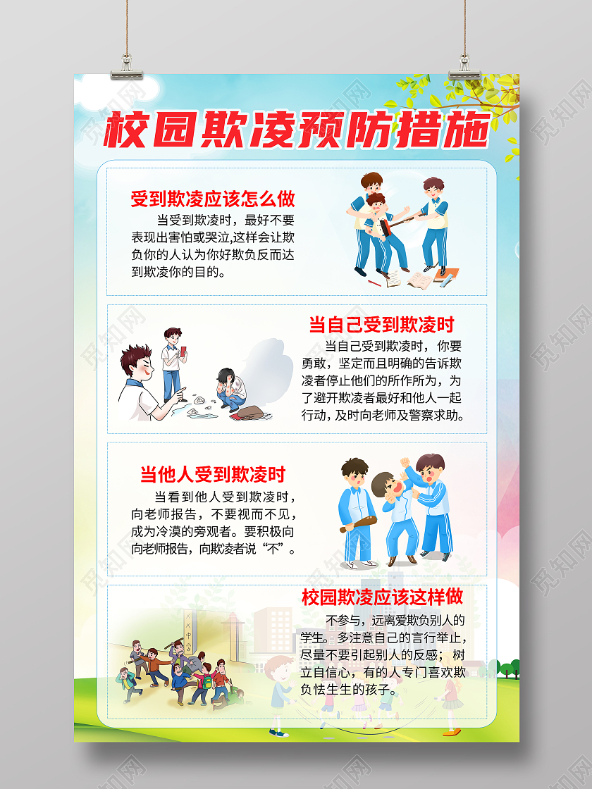 蓝色简约风校园欺凌预防措施海报校园欺凌宣传