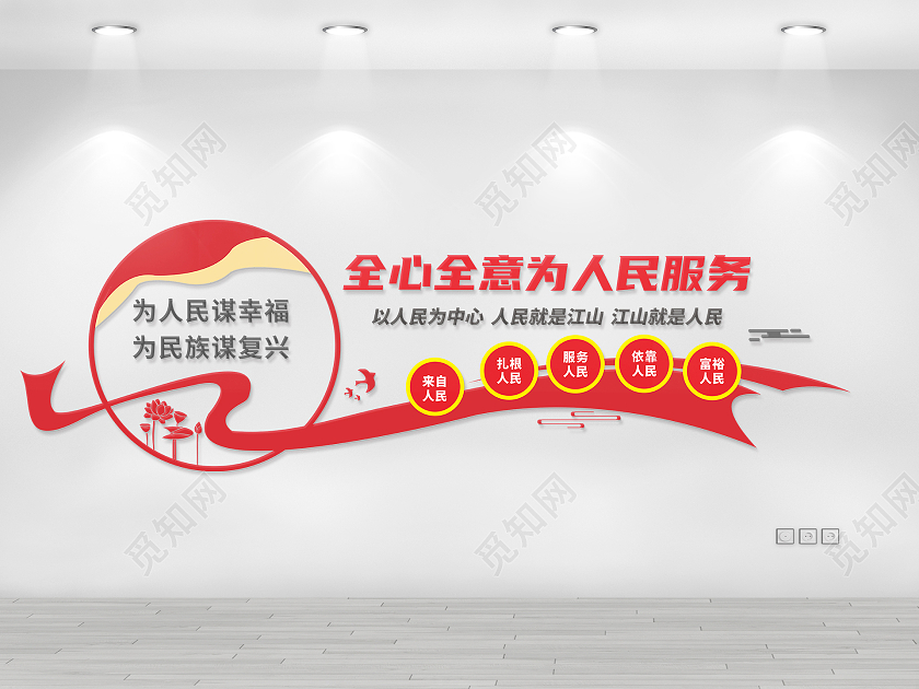 大气红色飘带风格为人民服务文化墙