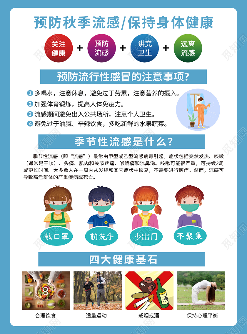 蓝色简约卡通预防流感保持健康流感宣传单