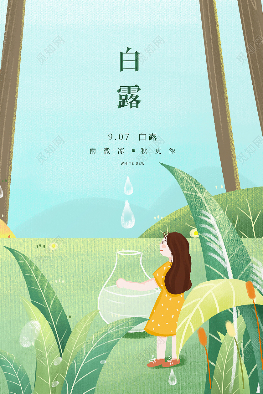 绿色插画传统二十四节气白露宣传海报设计