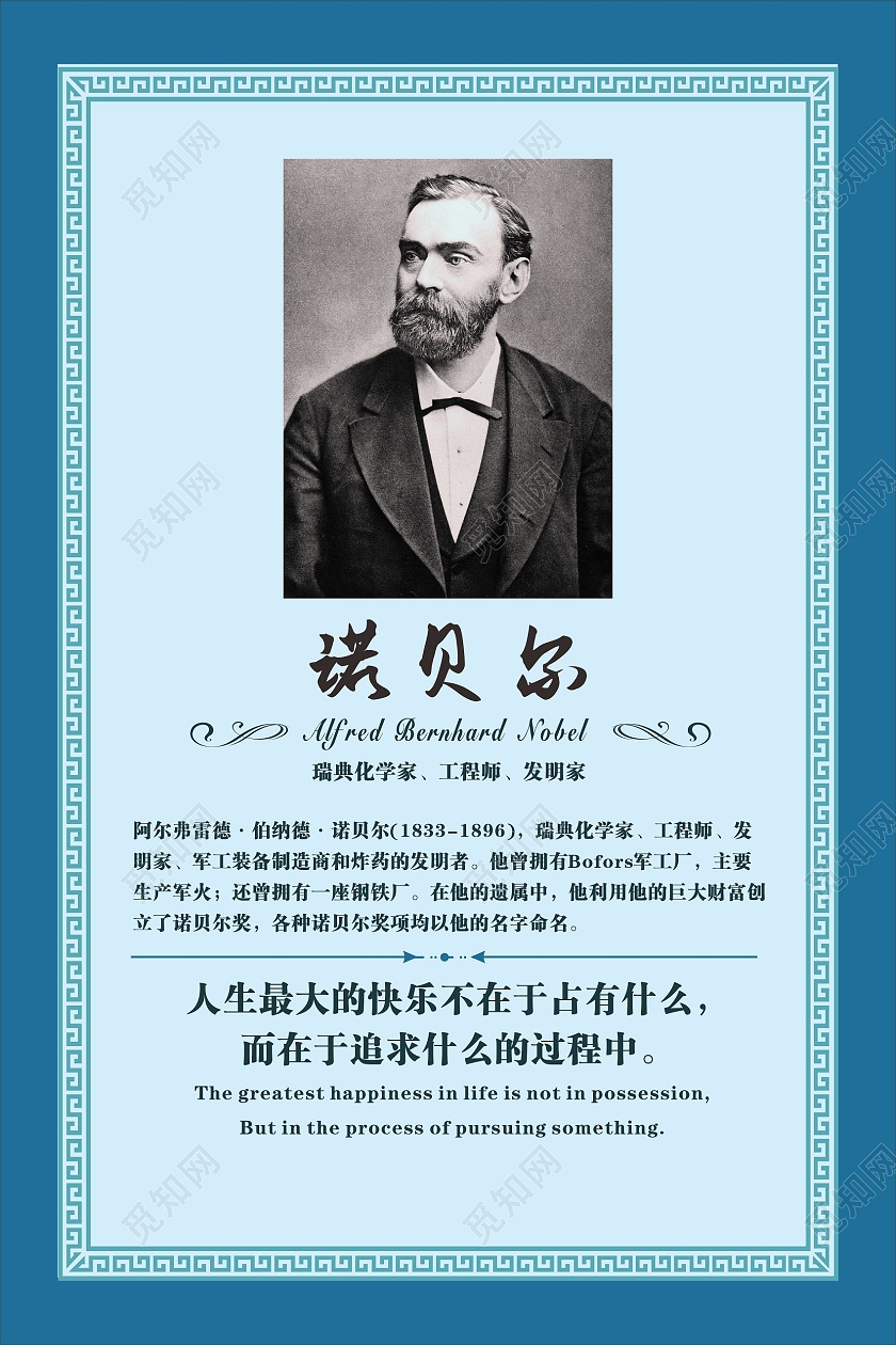 蓝色花边欧式诺贝尔名人名言名言警句校园文化名人名言海报