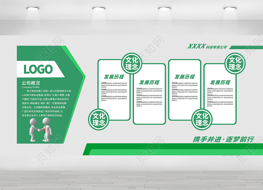 绿色为背景白色色块点缀简约大气宣传防疫要求大气科技公司历程简介荣誉绿色企业文化墙