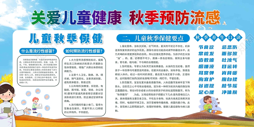 蓝色儿童秋季保健秋季预防流感宣传栏秋季流感