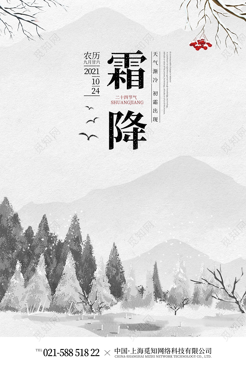 白色水墨时尚大气简约霜降宣传海报