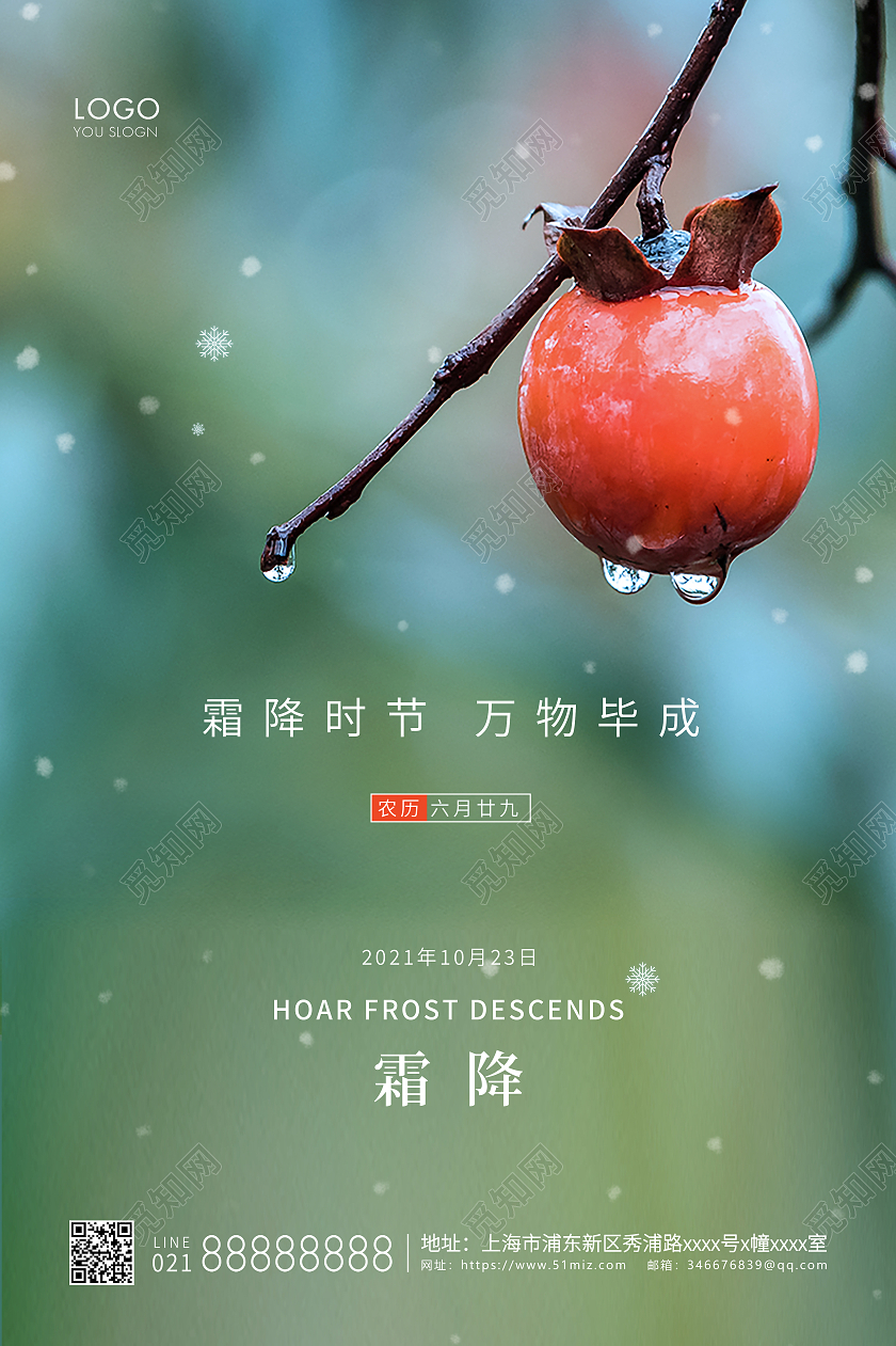 绿色简约24节气二十四节气霜降节气宣传海报