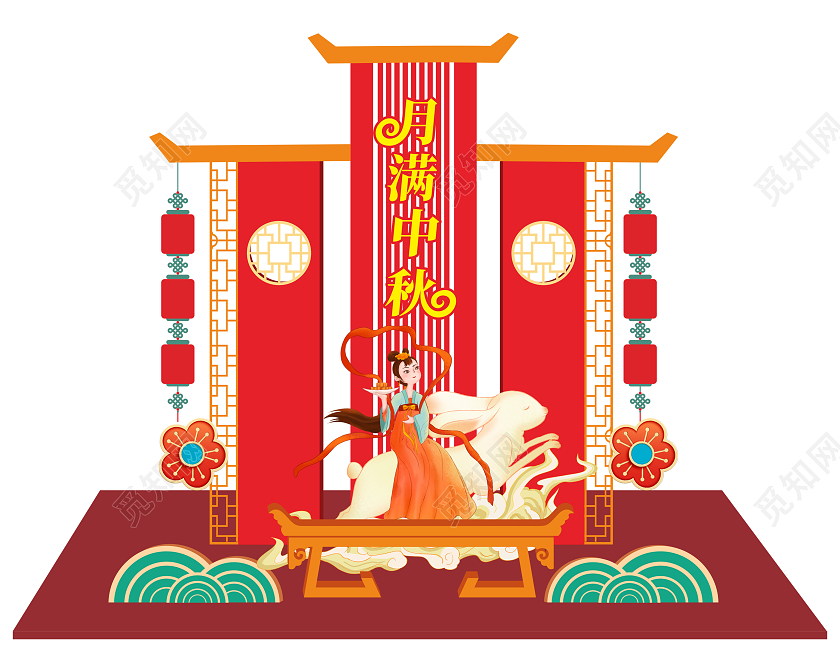 大气红色徽派风格中秋佳节地推美陈中秋节中秋美陈