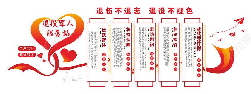 大气红色爱心风格退役军人服务站部队文化墙