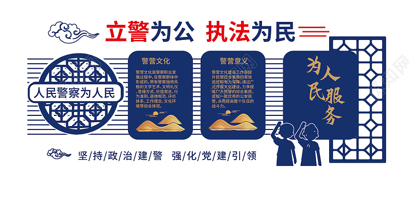深蓝色大气创意立警为公执法为民公安局警营文化墙设计