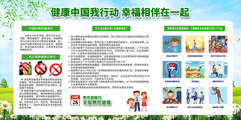 绿色小清新健康中国我行动幸福相伴在一起男性健康展板世界男性健康日展板