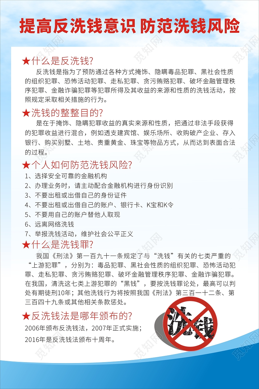 蓝色简约反洗钱提高反洗钱知识海报