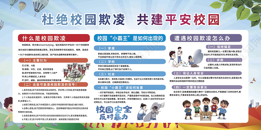 蓝色杜绝校园欺凌共建平安校园宣传栏校园欺凌宣传栏