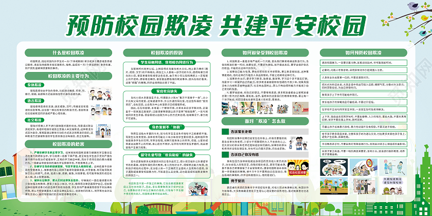 绿色卡通预防校园欺凌共建平安校园宣传栏校园欺凌宣传栏