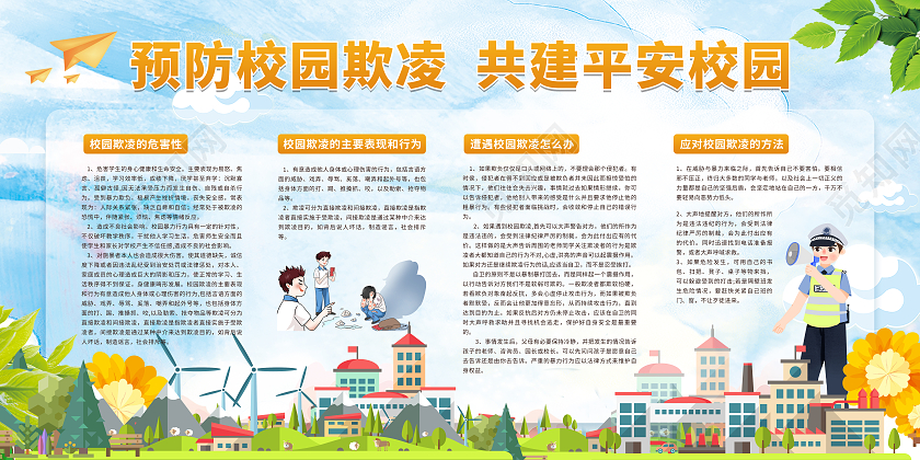 绿色卡通预防校园凌欺共建平安校园宣传展板校园欺凌校园欺凌宣传栏