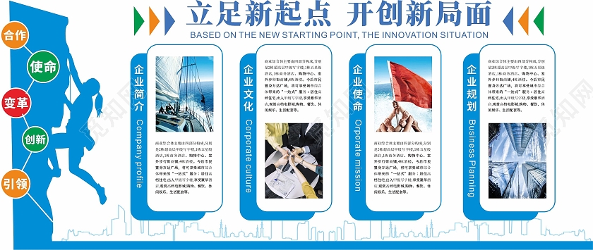 蓝色简约大气立足新起点开创新局面企业学校科技文化墙