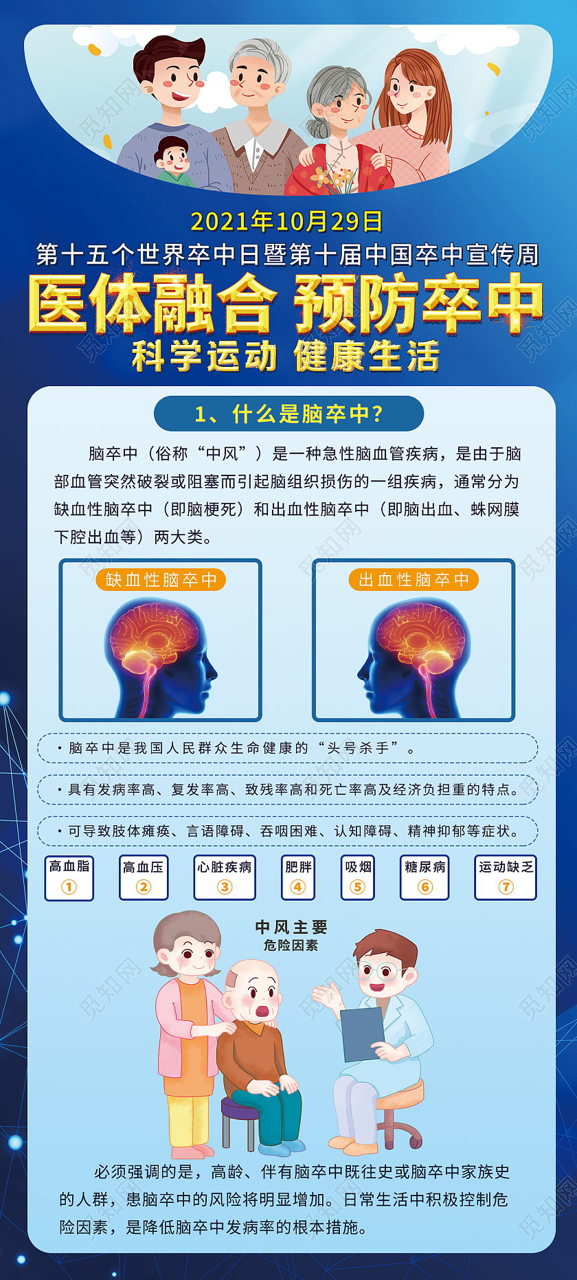 蓝色插画医体融合预防卒中世界卒中日宣传易拉宝展架