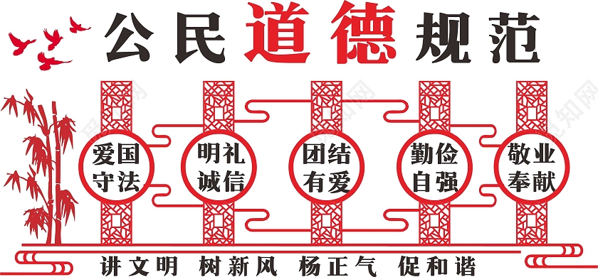红色古典公民道德爱国守法明礼诚信团结有爱公民道德规范文化墙