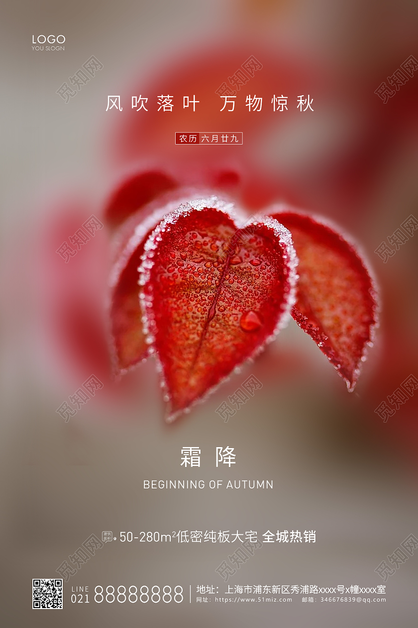 红色唯美风格霜降霜降房地产海报设计霜降地产