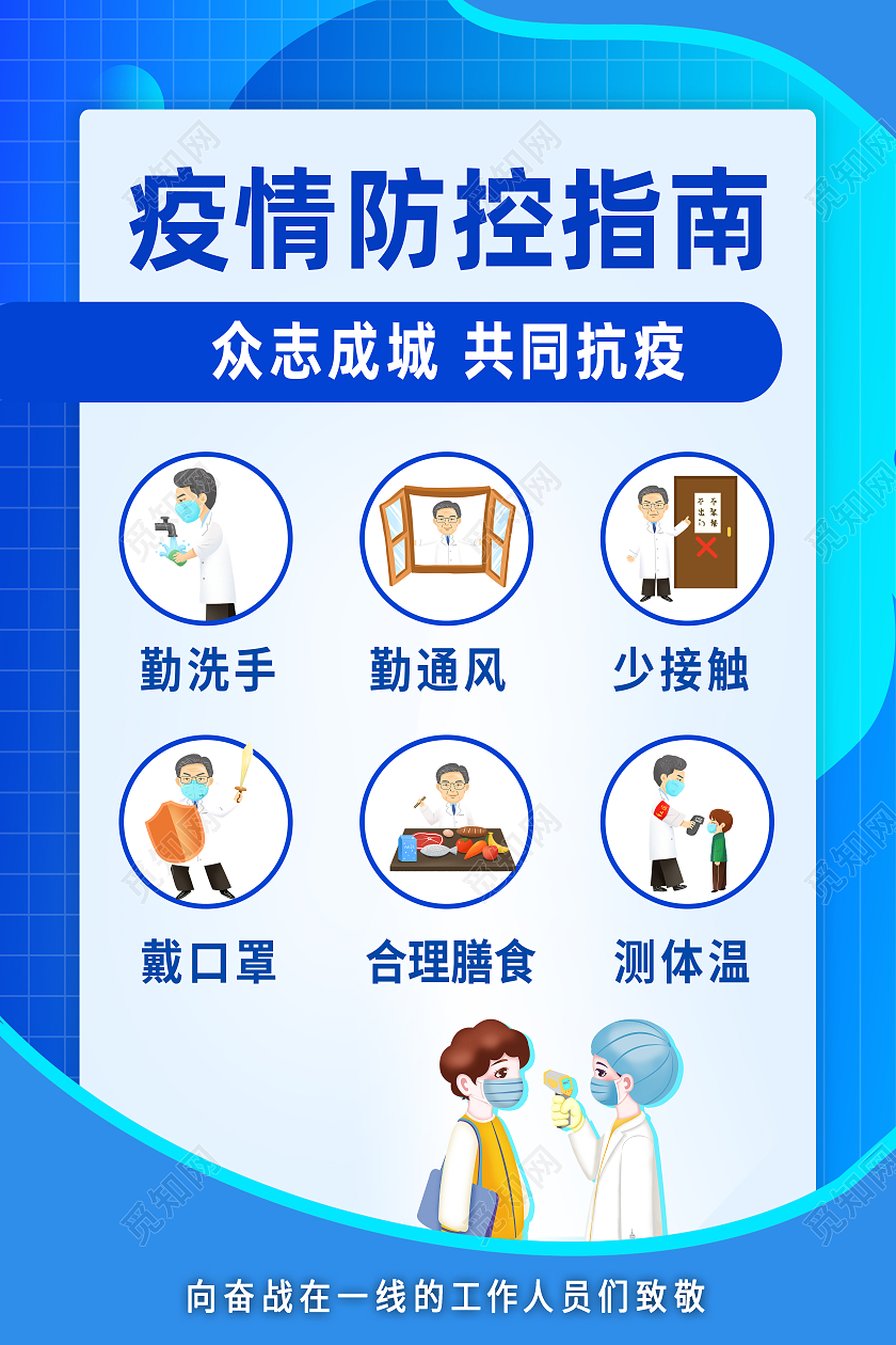 蓝色简约疫情防控指南新冠防控指南海报简约疫情防控海报新冠防控指南卡通背景素材