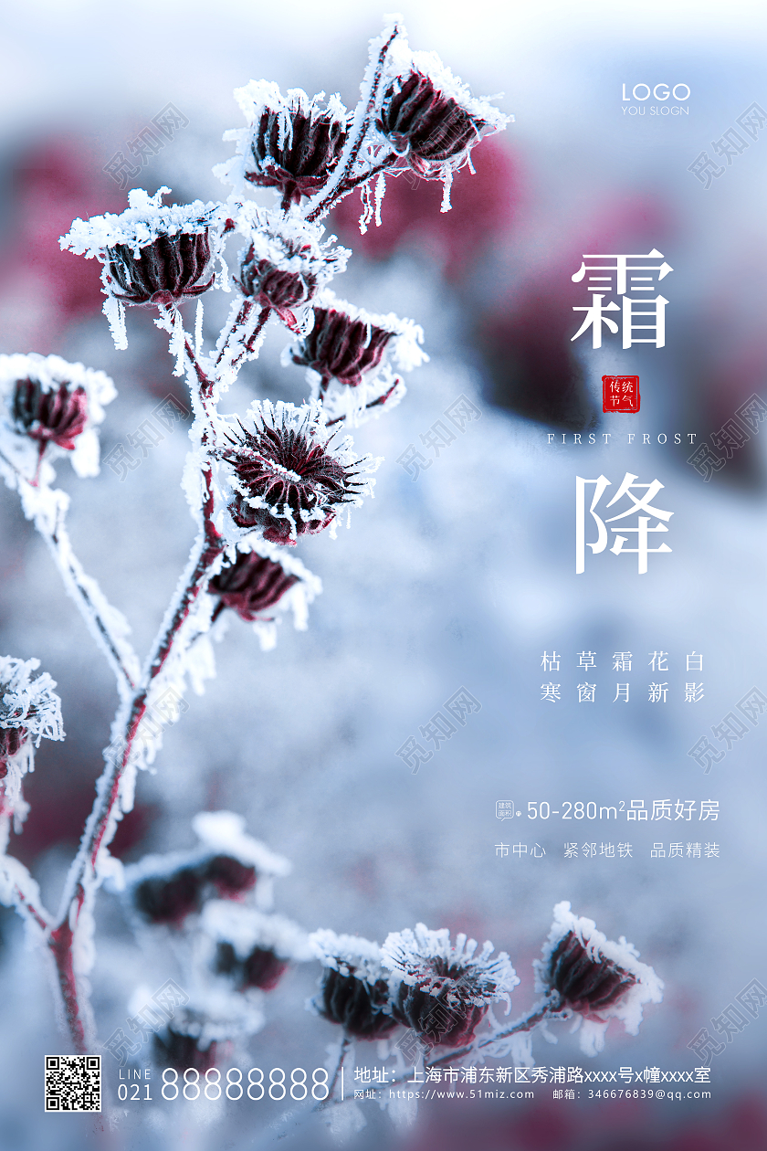 蓝色唯美创意风格霜降霜降地产海报设计