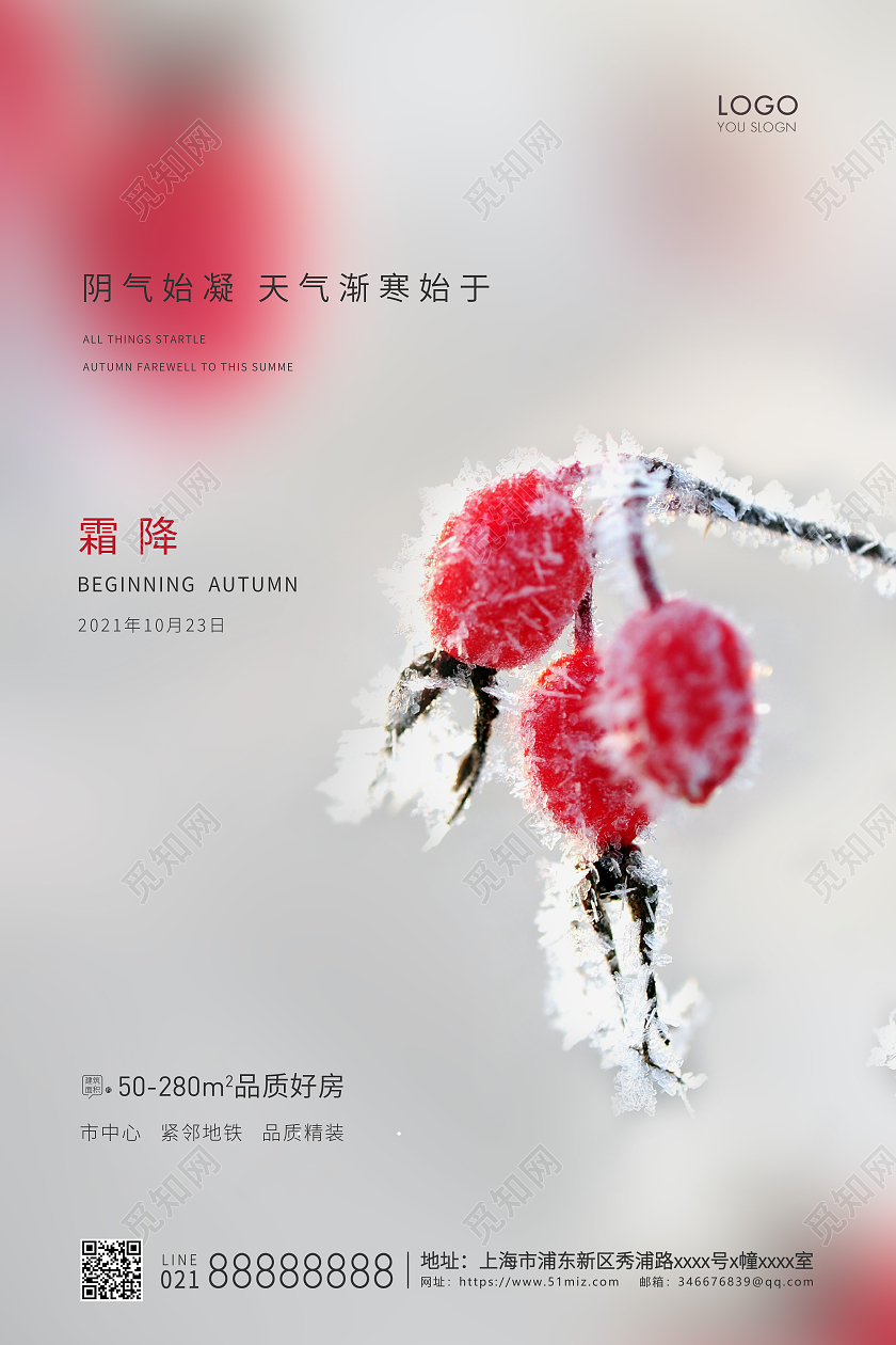 红色唯美简约风格霜降霜降地产海报设计