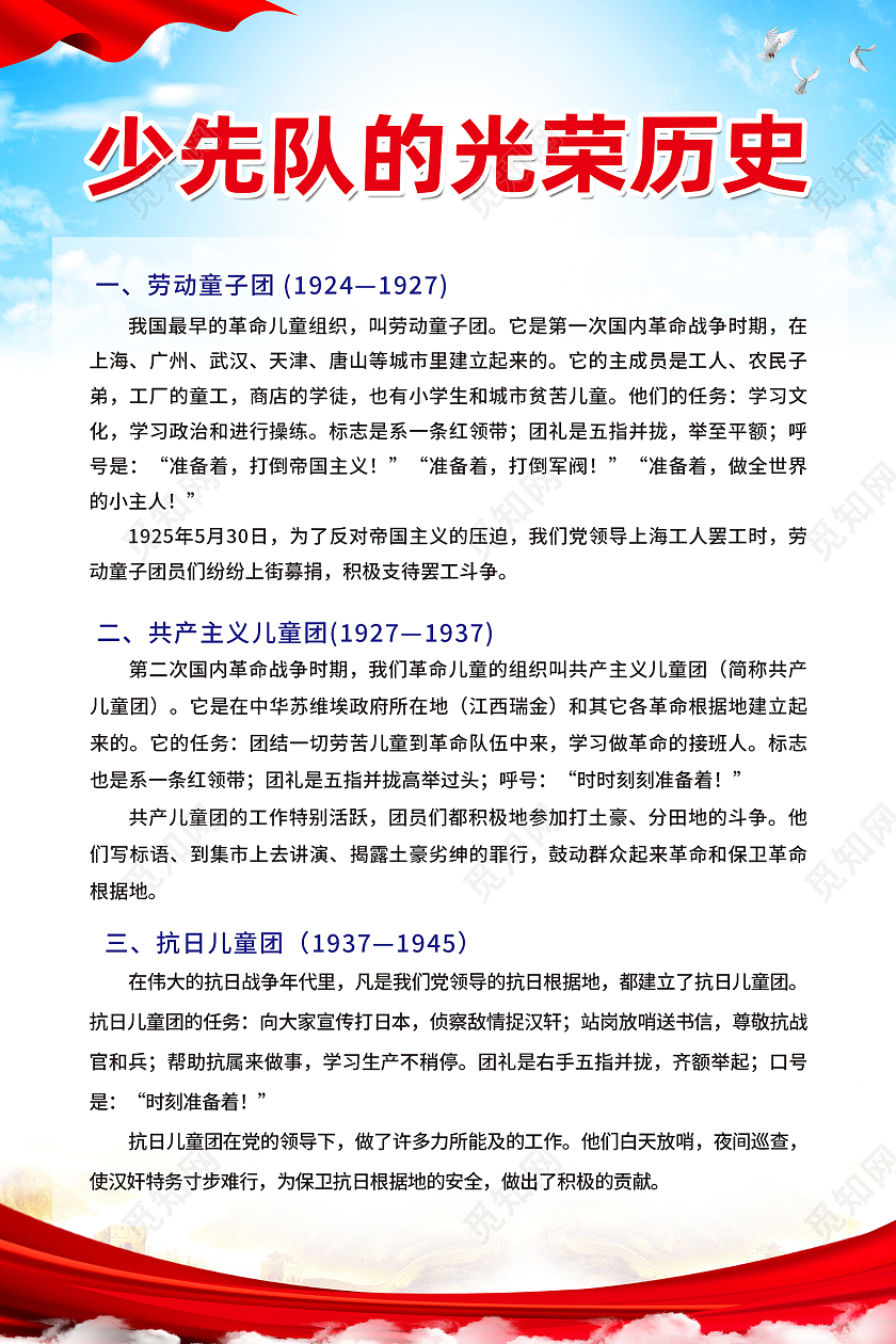 蓝色简约少先队的光荣历史少先队章程海报少先队历史