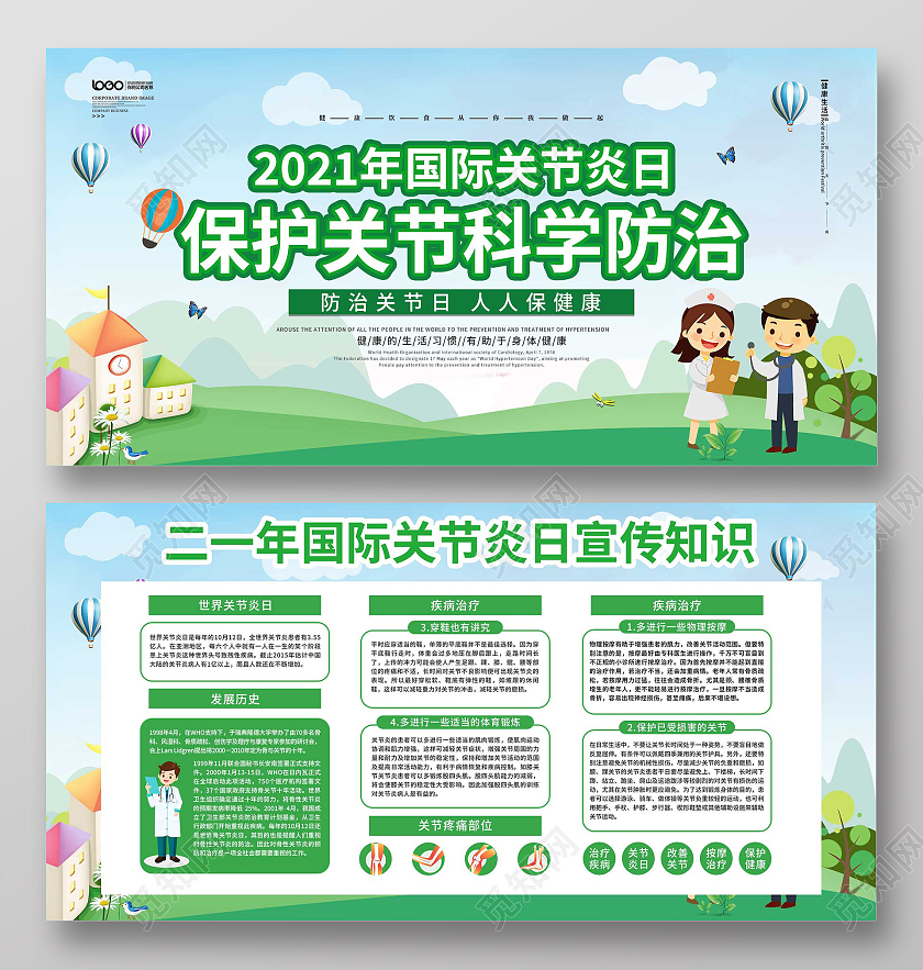 绿色卡通2021年国际关节炎日保护关节科学防治宣传展板世界关节炎日展板