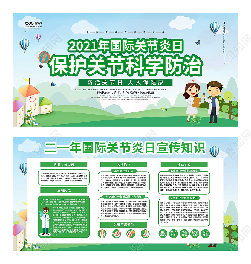 绿色卡通2021年国际关节炎日保护关节科学防治宣传展板世界关节炎日展板