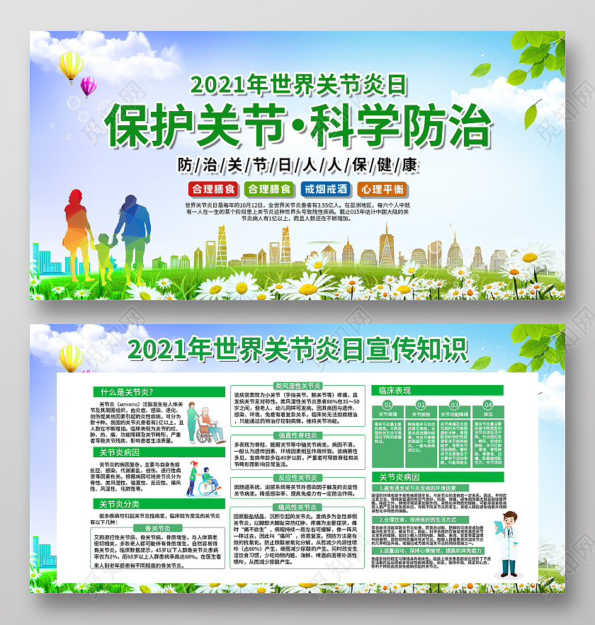 绿色小清新保护关节科学防治世界关节炎日宣传展板世界关节炎日展板