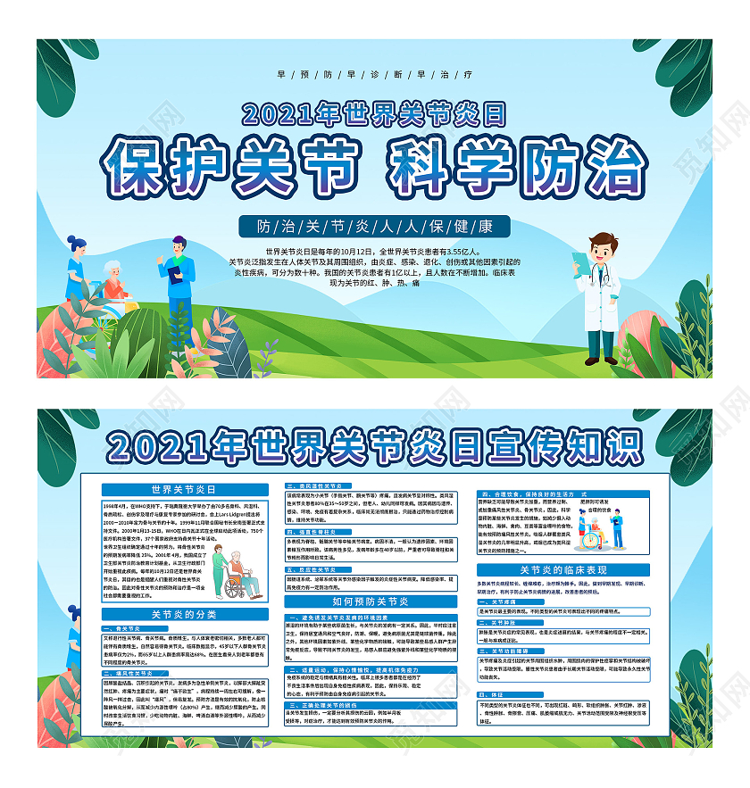 蓝色插画保护关节科学防治世界关节炎日宣传展板世界关节炎日展板