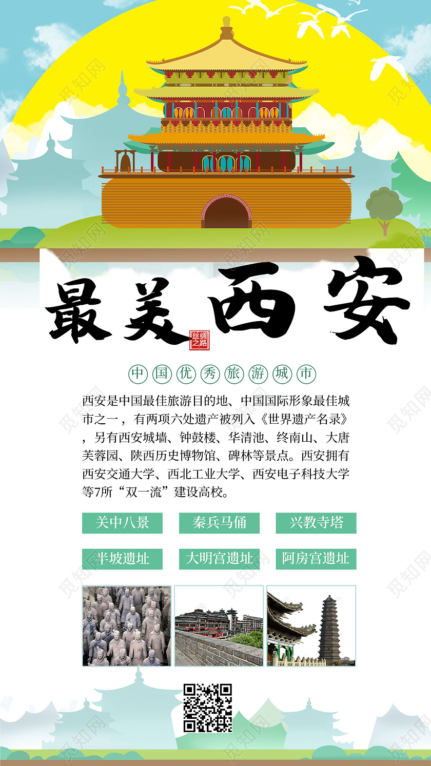 西安旅游新媒体插画风西安旅游手机海报