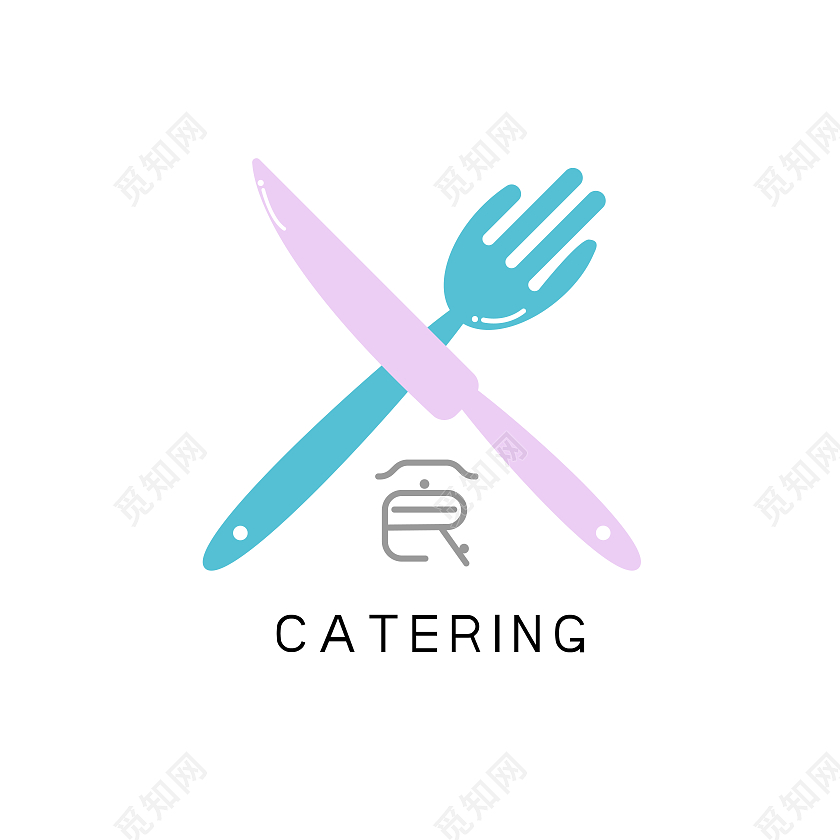 餐饮logo刀叉图标食物图标蓝粉色交叉面性图标餐厅logo