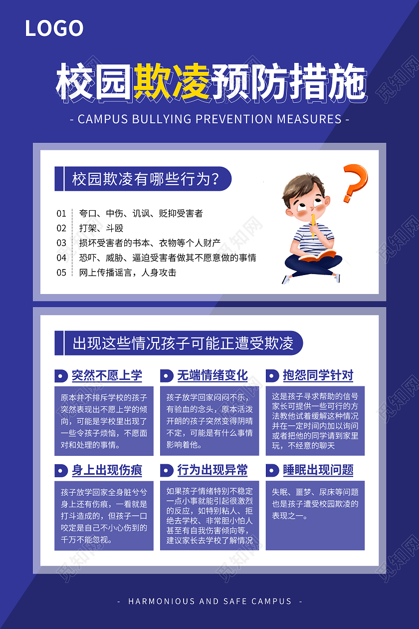正蓝色黄色卡通校园欺凌预防措施海报校园欺凌宣传