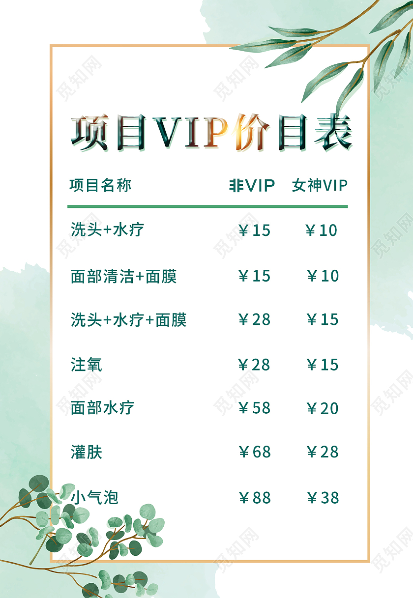 绿色简约风项目VIP价目表护肤海报护肤价格表