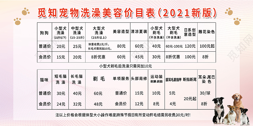 粉色温馨宠物洗澡美容价目表宣传展板宠物店价格表