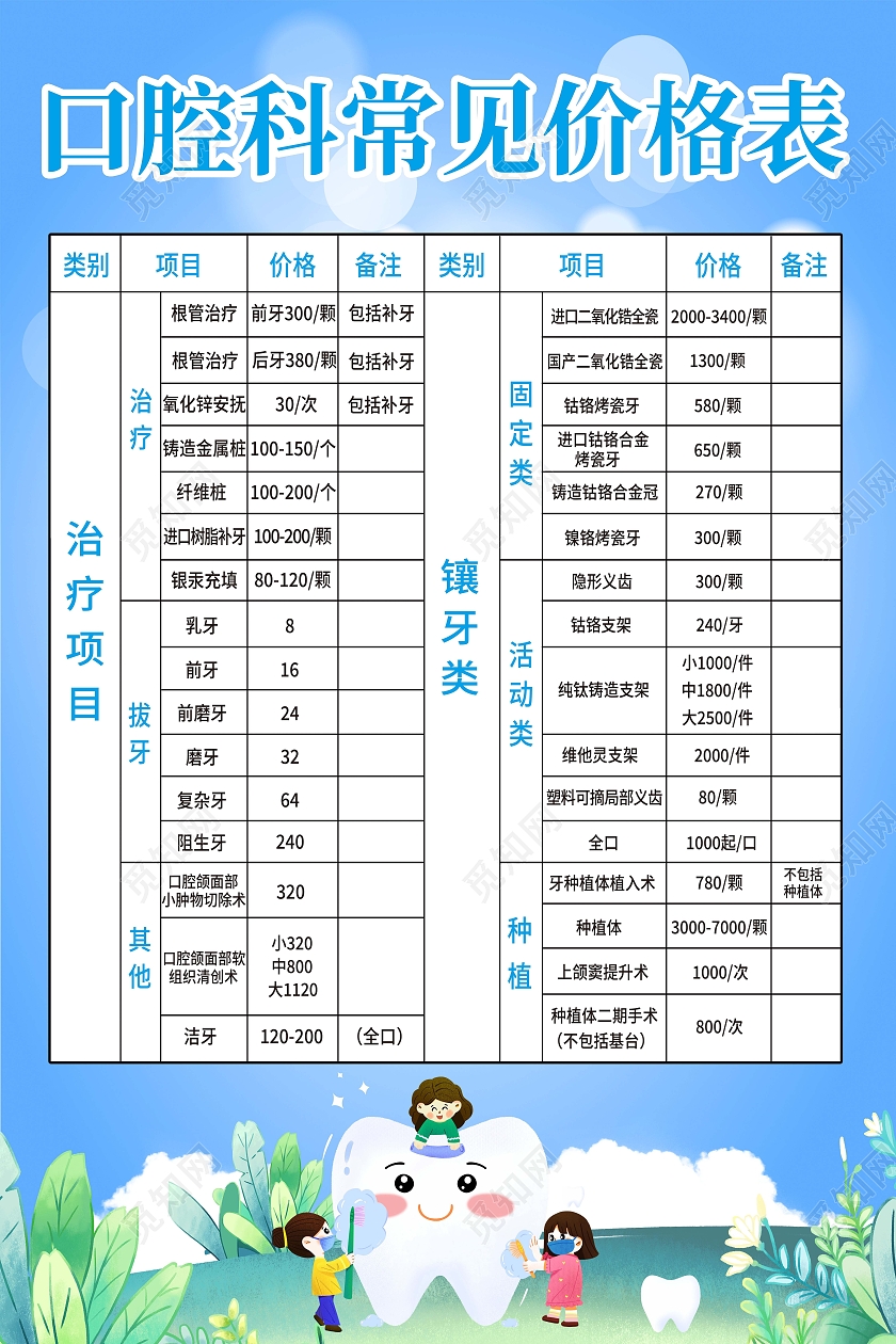 保护口腔爱护牙齿口腔价目表模板设计口腔价格表